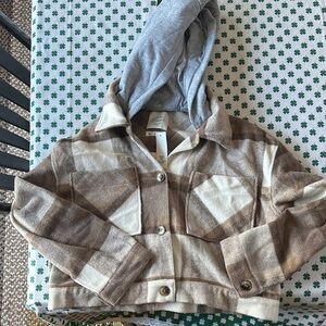 Stoosh Neutral Plaid Hooded Shacket in Beige and Gray
